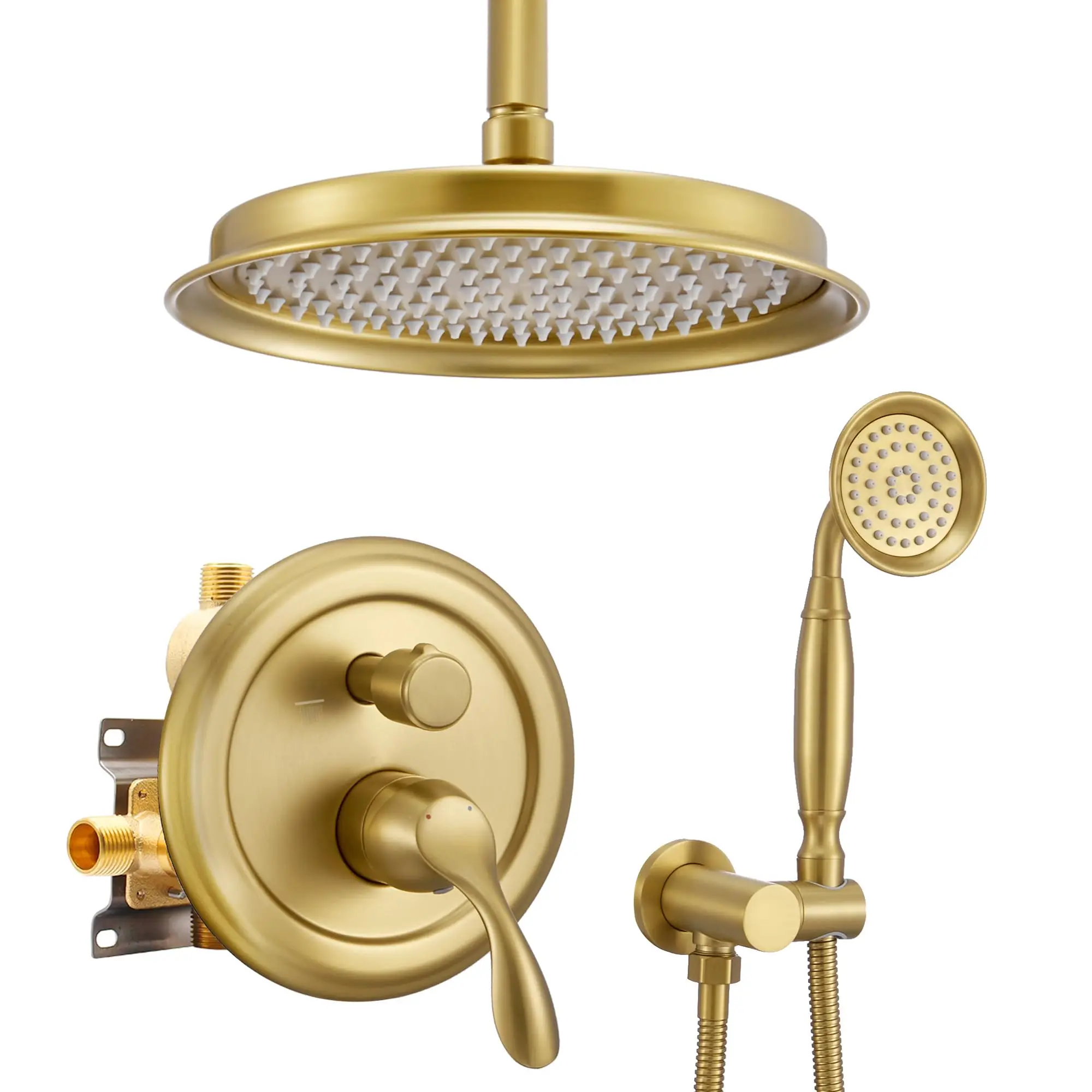 

Brushed Gold Rain Shower System With Pressure Balance Valve 9 Inch Overhead And Handheld Shower Combo