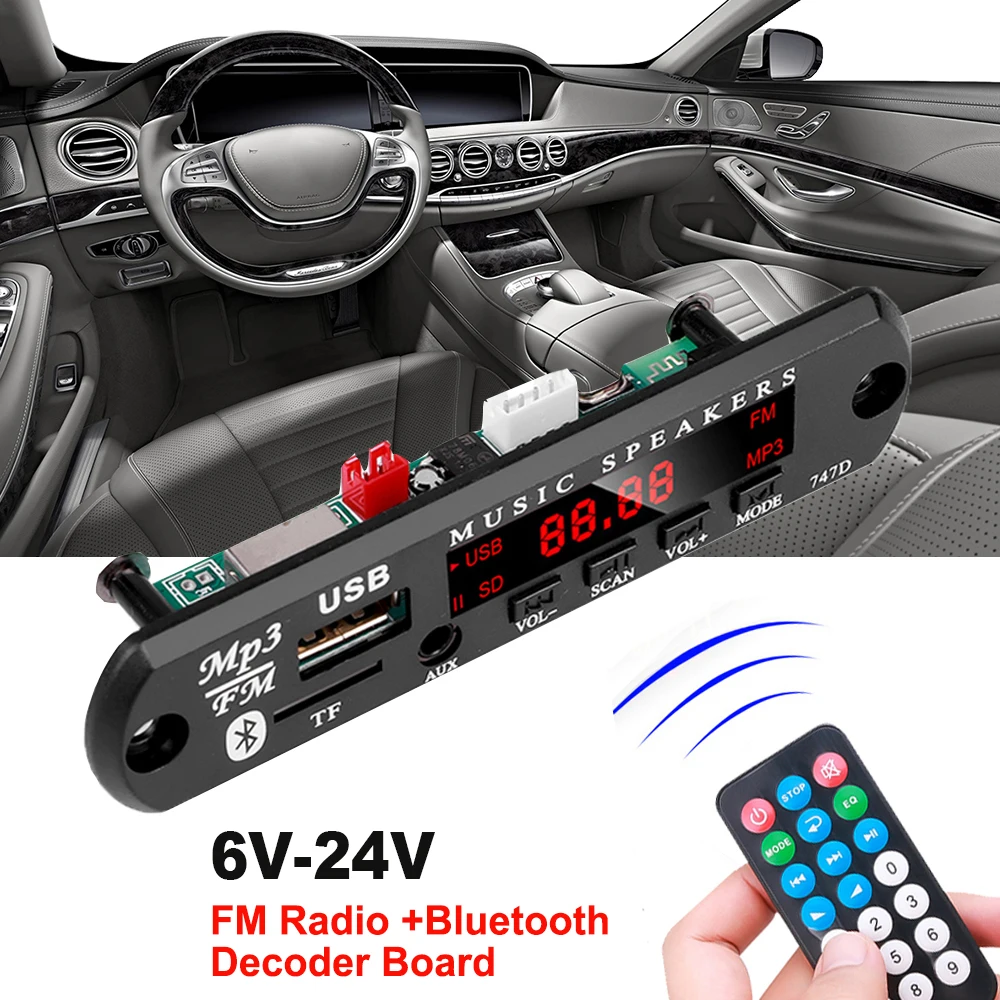 FM Radio Module DC 6V-24V Bluetooth 5.0 MP3 WMA WAV Decoder Board Car Audio USB TF AUX Mp3 Music Player Speaker 12V-24V