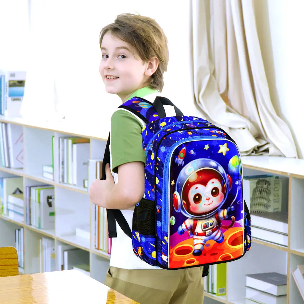 3Pcs Set 16 Inch Boys Backpack Cool Space Monkey On Moon Print School Bag with Handbag Pencil Case for Little Boys School Use