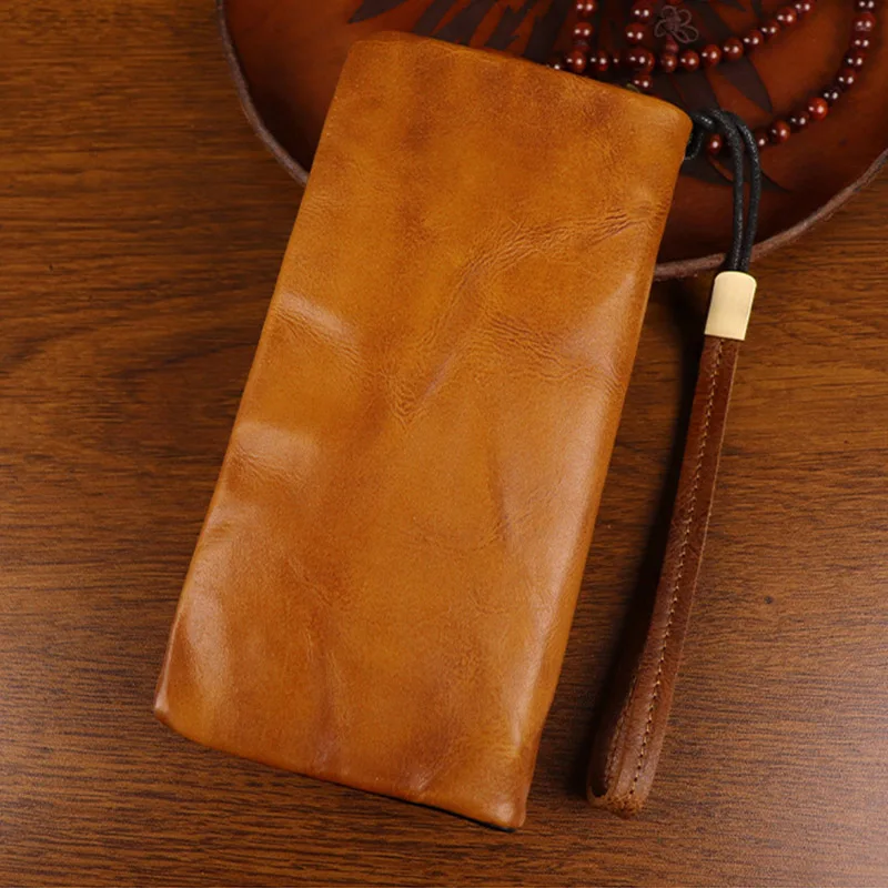 Vintage Pouch Bags Long Style Clutch Bag Genuine Cow Leather Wallet Organizer Cash Holder Button Zipper Solid Wallets Keep Cards