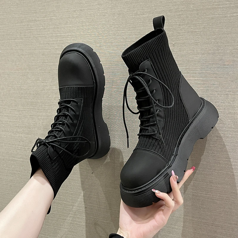 Boots Woman 2024 New Ladies Casual Stretch Fabric Socks Boots Fashion Cross-tied Women Shoes Platform Boots Gothic Fall and Wint