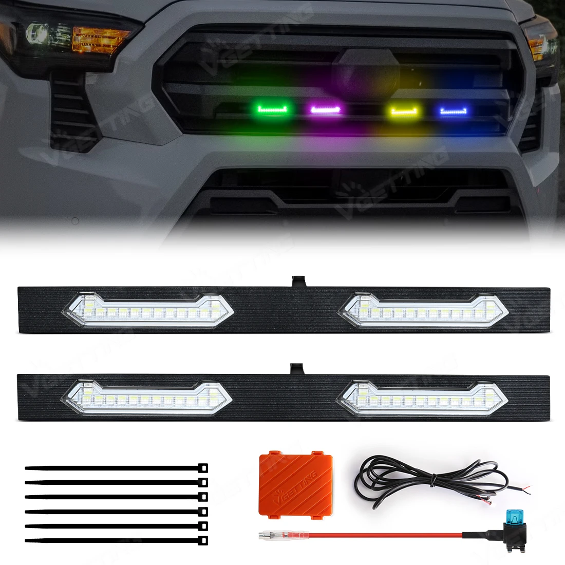 

RGB LED Front Grille Strobe Light For Toyota Tacoma SR SR5 2024 APP Control Smoked Clear Shell Colorful Grid Warning Light DRL