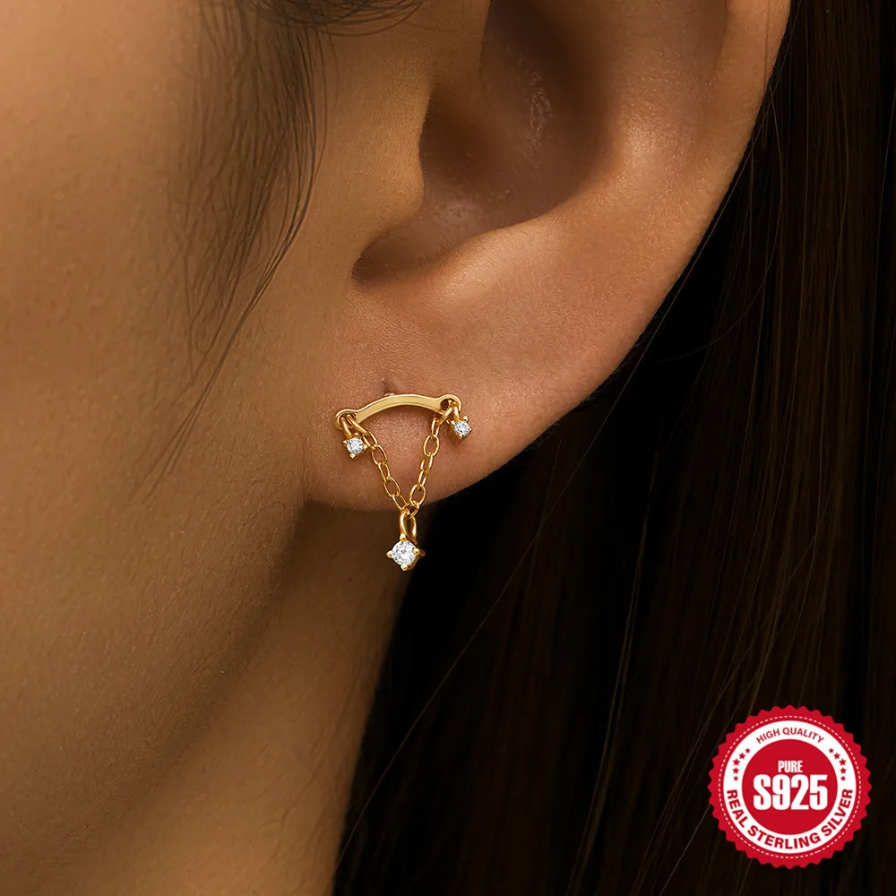 925 Brincos de Prata Esterlina com Zircão Corrente para Mulheres, Cartilagem Piercing, Criativo Jóias Finas para Festa de Aniversário, Acessórios com Charme, 1pc