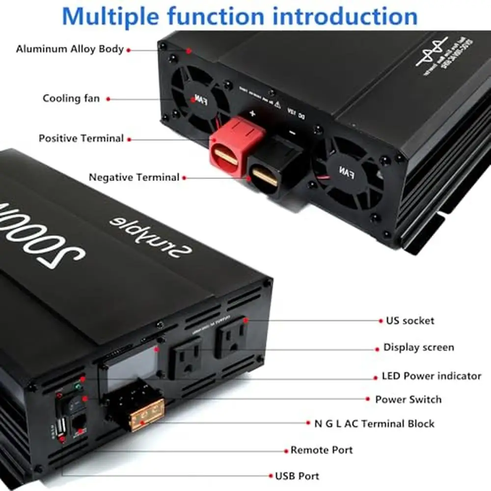 2000W Pure Sine Wave Car Power Inverter with USB Port 2 AC Outlets Display Vehicle Power Source Solution 12V to 110V Power