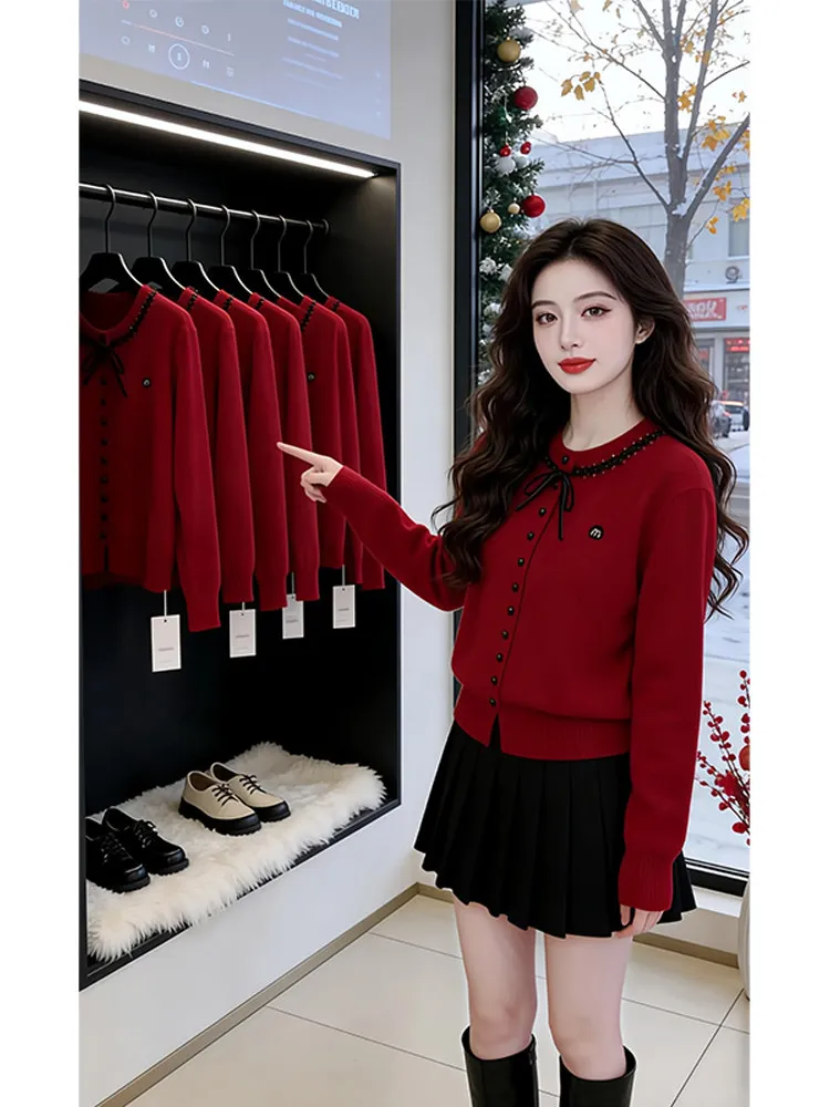 

Модный вязаный красный кардиган с цветовыми блоками для женщин, повседневный свободный крой, длинный рукав, круглый вырез, свитер на весну-осень