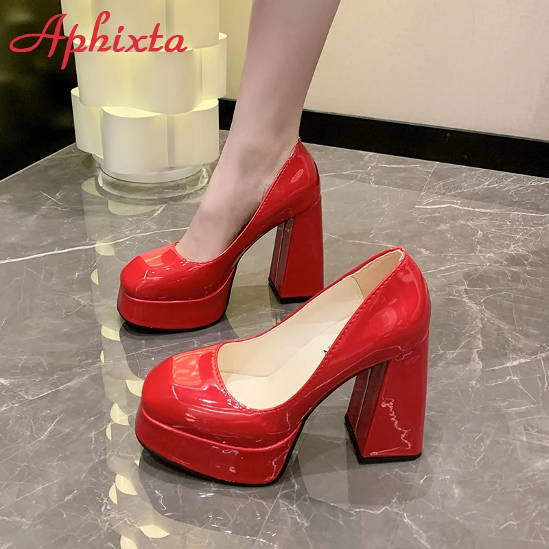 Aphixta Hot Sale Square Heels 10cm Chunky Heels Platform Pumps Double Color Blocking Women Party Dance Pumps