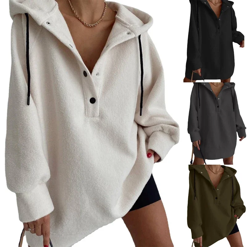 

Women's plus-size winter casual hoodie Solid color extra large Thicken Woman clothing V-neck loose Female clothes