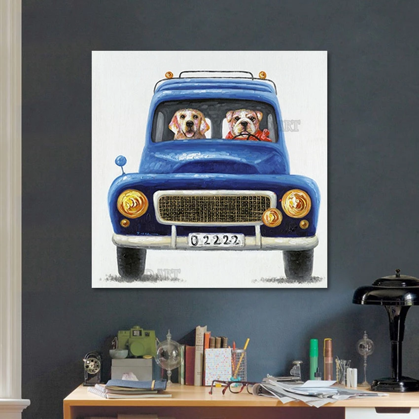 Cartoon Two Dog Driving Canvas Poster Art For Children Bedroom Decoration Handmade Animal Oil Painting Pet Dogs Picture Wall Art