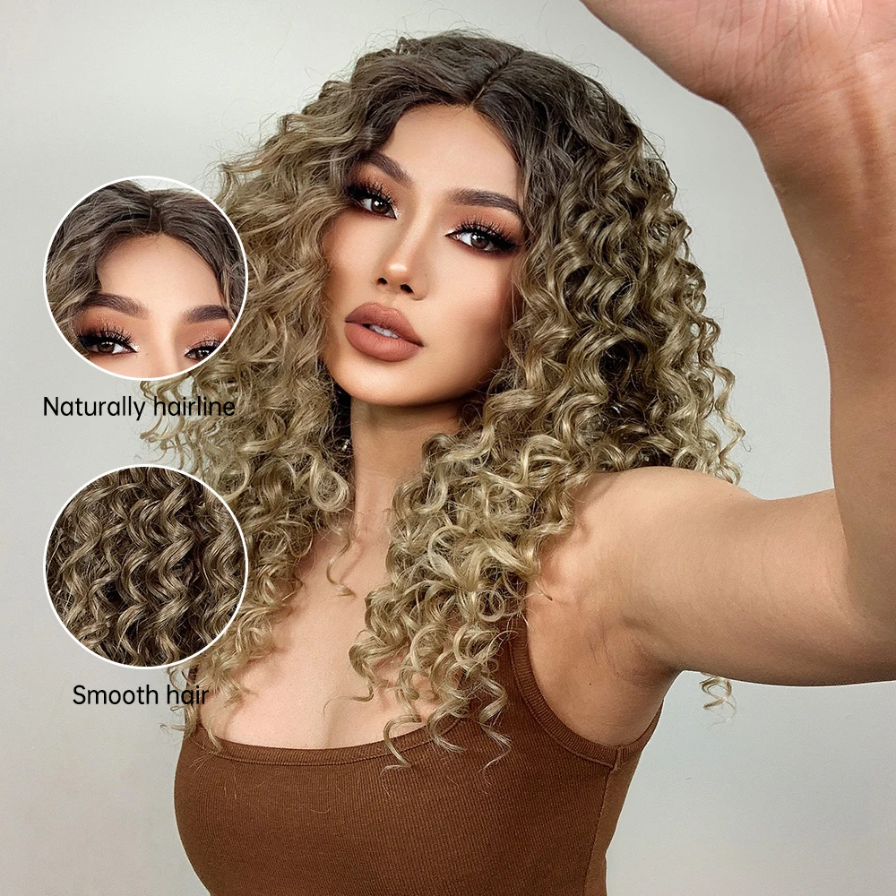 Długie kręcone syntetyczna koronka peruki brązowy blond Highlight 13*1 t-middle częściowo koronka peruka dla czarnych kobiet Cosplay Afro kręcone