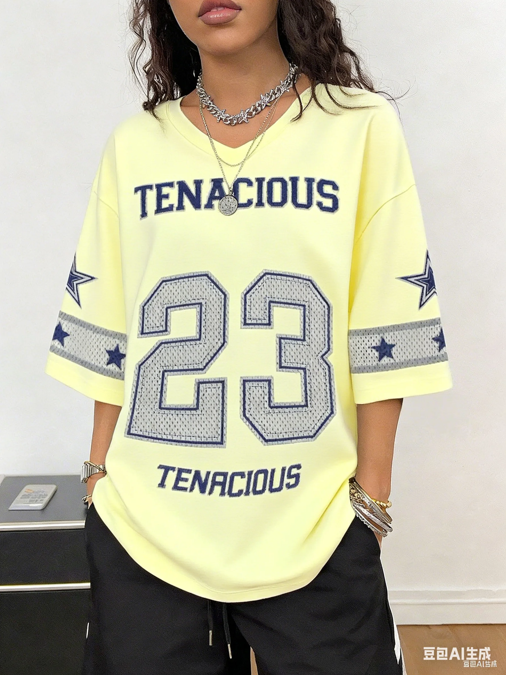 

Женская спортивная повседневная футболка ярких цветов с короткими рукавами и v-образным вырезом, свободная и модная уличная одежда Tenacious No 23 с принтом, свободный топ