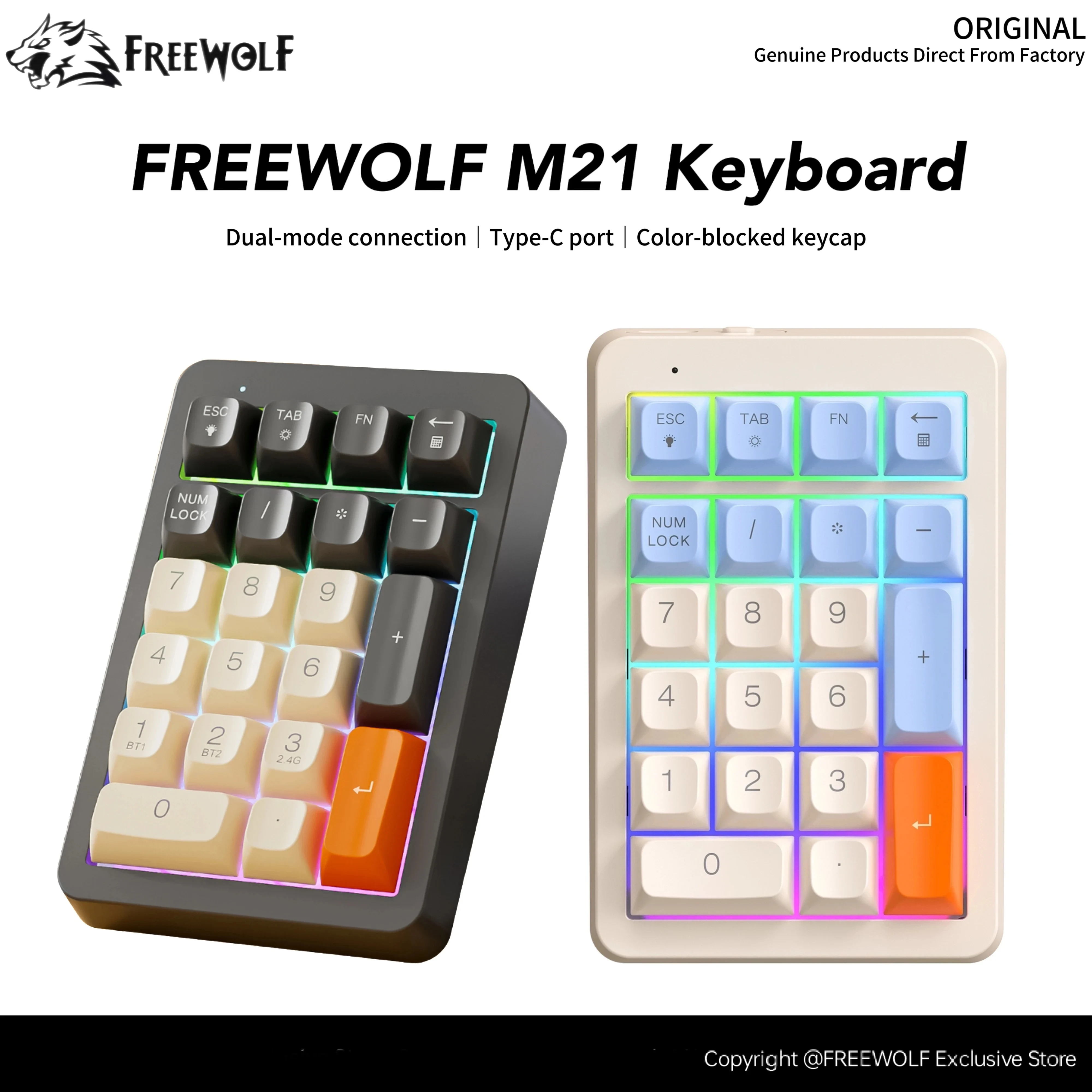 M21 Digital Backlit Small Keyboard Bluetooth Wireless Connection,FREEWOLF Three-color Keycaps,Asynchronous Digital Input Design