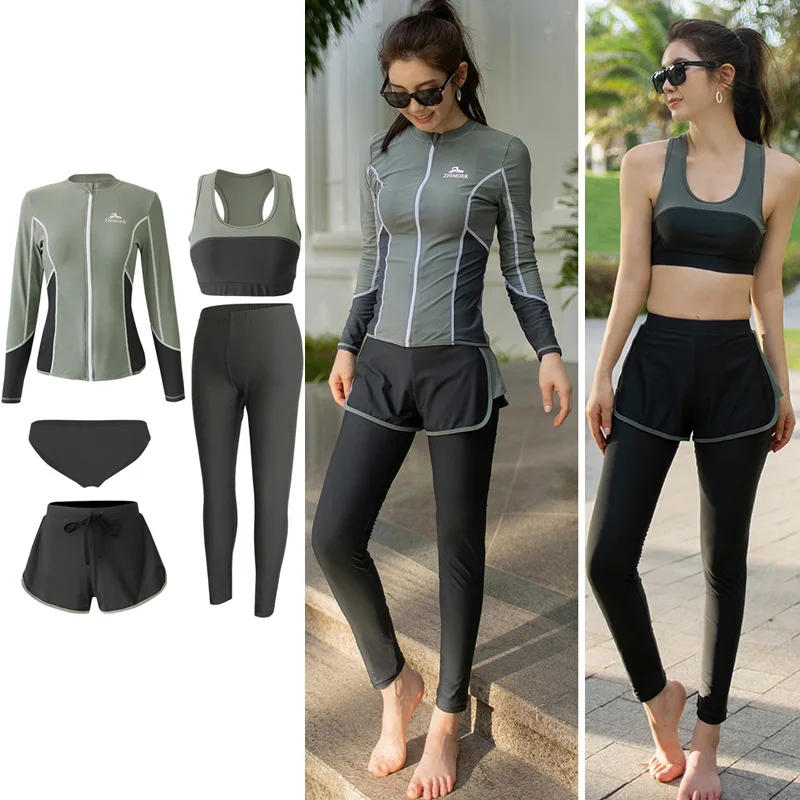 

Женские спортивные рашгарды, комплект из 5 предметов, облегающая рубашка на молнии для тренировок + шорты для мальчиков + леггинсы, спортивные купальники для бега в тренажерном зале, йоге