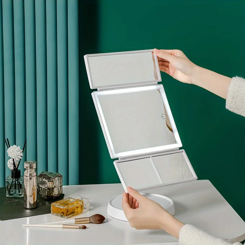 Espelho de maquiagem iluminado triplo com ampliação 3x/2x, espelho cosmético de bancada de luz led de 3 cores, dobrável de viagem mak