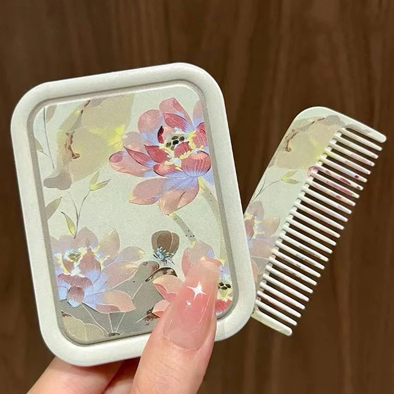 مرآة مكياج قابلة للطي من Lotus، مرآة جيب محمولة، مرآة مستحضرات تجميل مستطيلة مع مشط للنساء والفتيات في الهواء الطلق