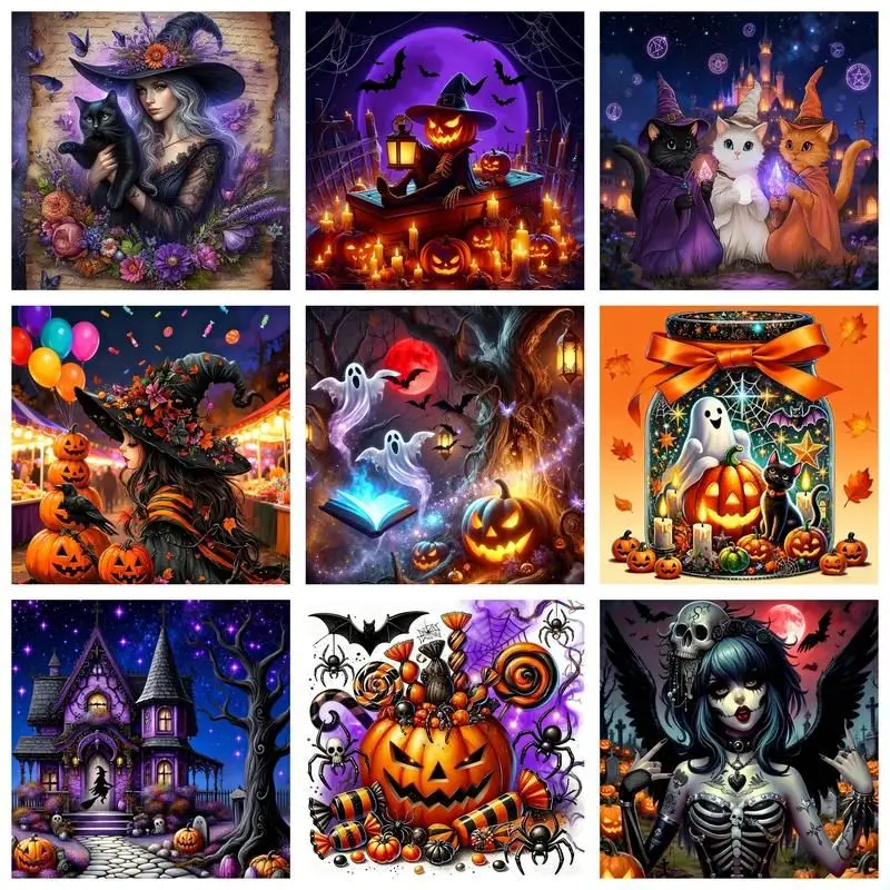 CHENISTORY Diamond Embroidery Halloween Ghost Witch Rhinestone Picture Diamond Painting Kit Mosaic Full Square Drill Home Decor