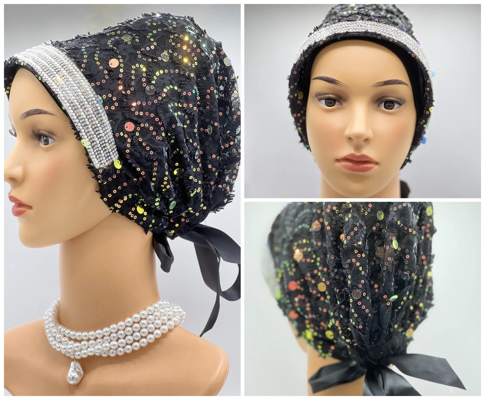 Musulmano lucido paillettes fascia cappello turbante adesivo trapano turbante regolabile Lace Up cappello da donna tacchino usura quotidiana culto cappello