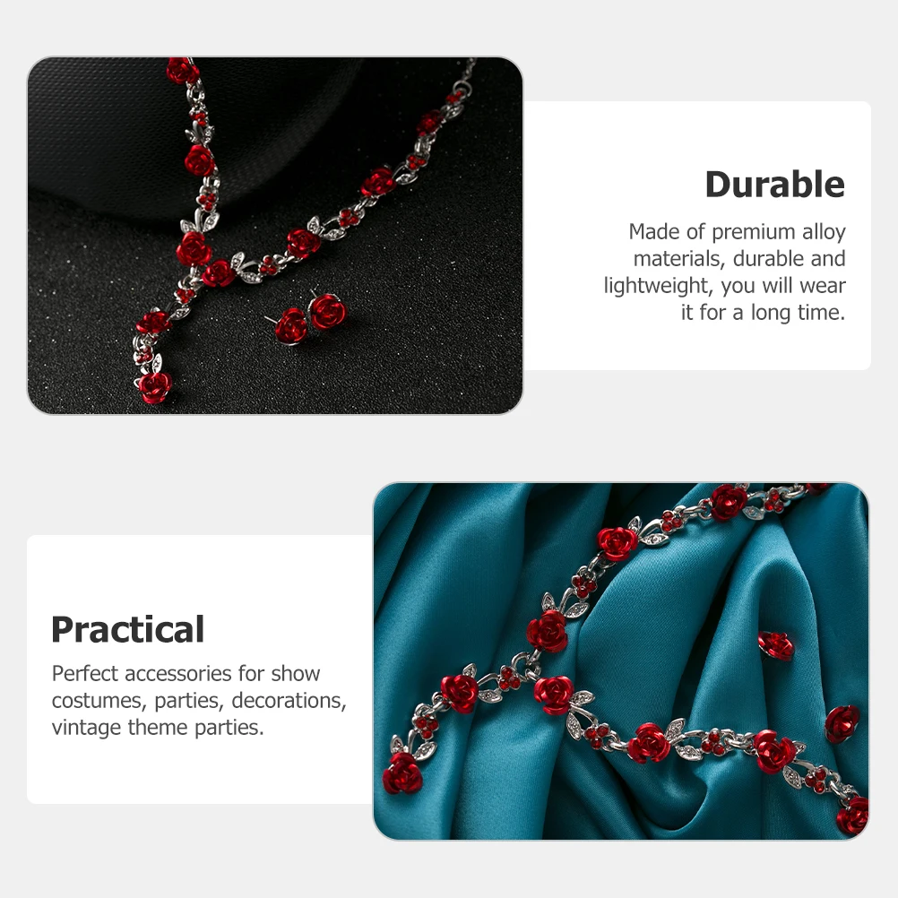 

Luxury Rose Necklace Set Jewelry for Women Alloy Earrings Pendant Costume Party Accessories Red Earrings Wedding Gift