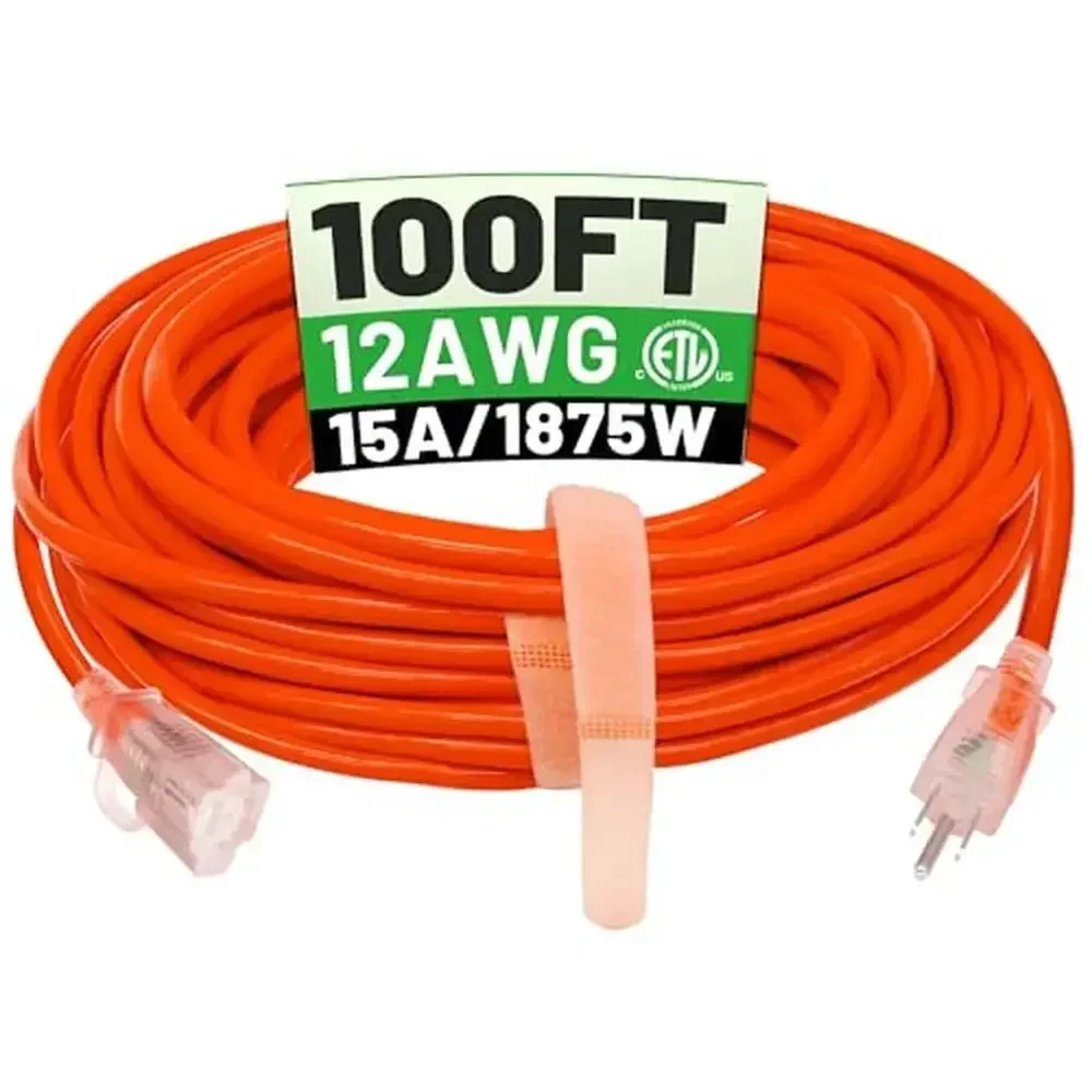 

Heavy Duty 12/3 Outdoor Extension Cord Waterproof Lighted End 100ft Flexible Safe Weather-proof 1875W 3 Prong Hook Design