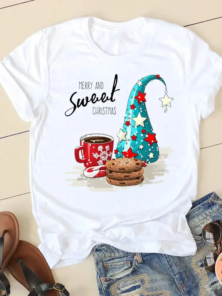 Women Merry and Sweet Christmas Gnome Coffee Cookie Print T‑Shirt Casual Crew Neck Short Sleeve Holiday Party Graphic Tee