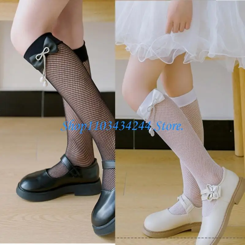 

G2TC 1 Pair Pearls Bowknot Ballet Long Tube Socks Korean Girl Calf Length Socks