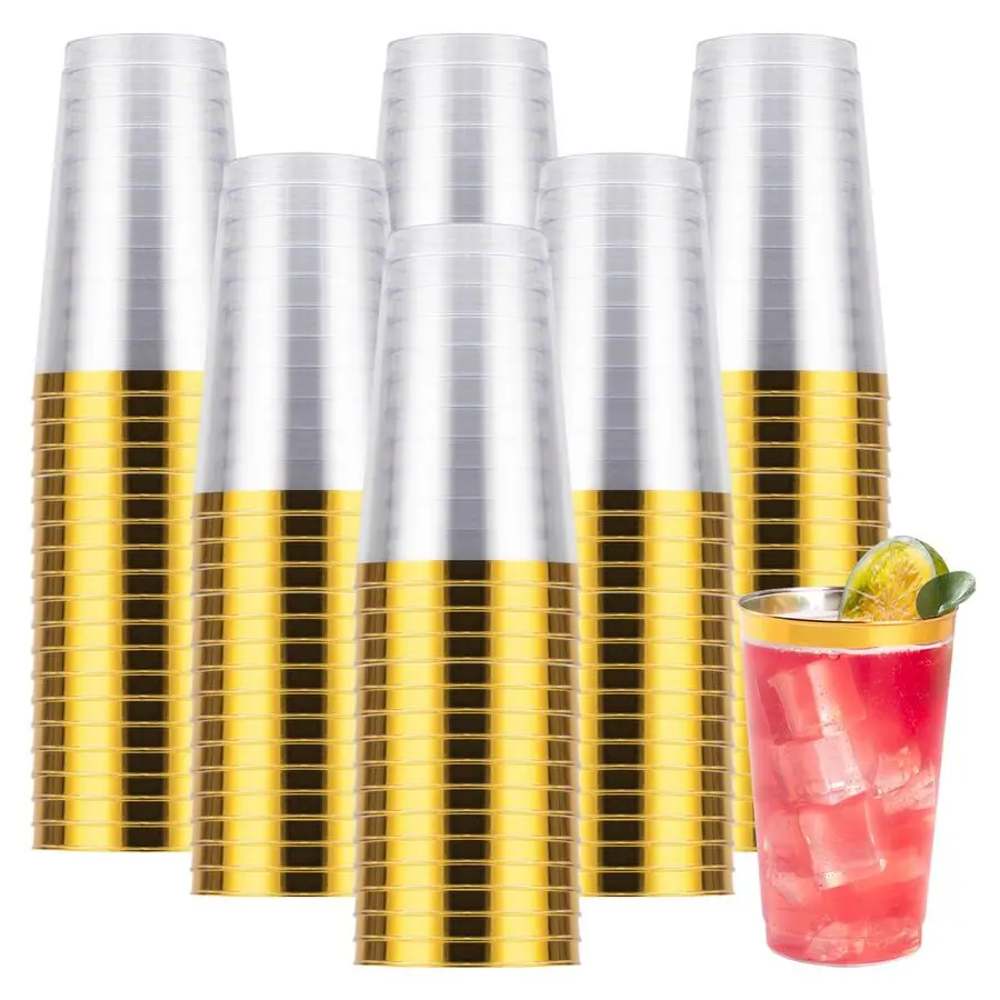 

200PCS 14oz Gold Plastic Cups for Party, Disposable Gold Rim Cups, Plastic Cocktail Glasses for Wedding Thanksgiving, Christmas,