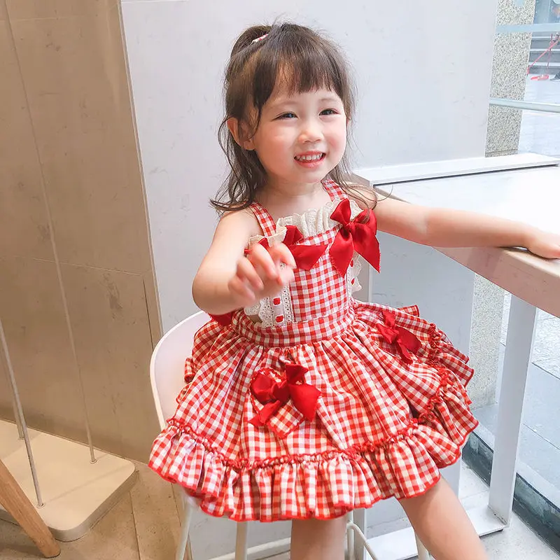 Summer Fashion Baby Girls Cotton Red Plaid Backless Bow Tie Lace Strapes Lolita Dress Kids Lovely Outfits Clothing For 2-8 Years