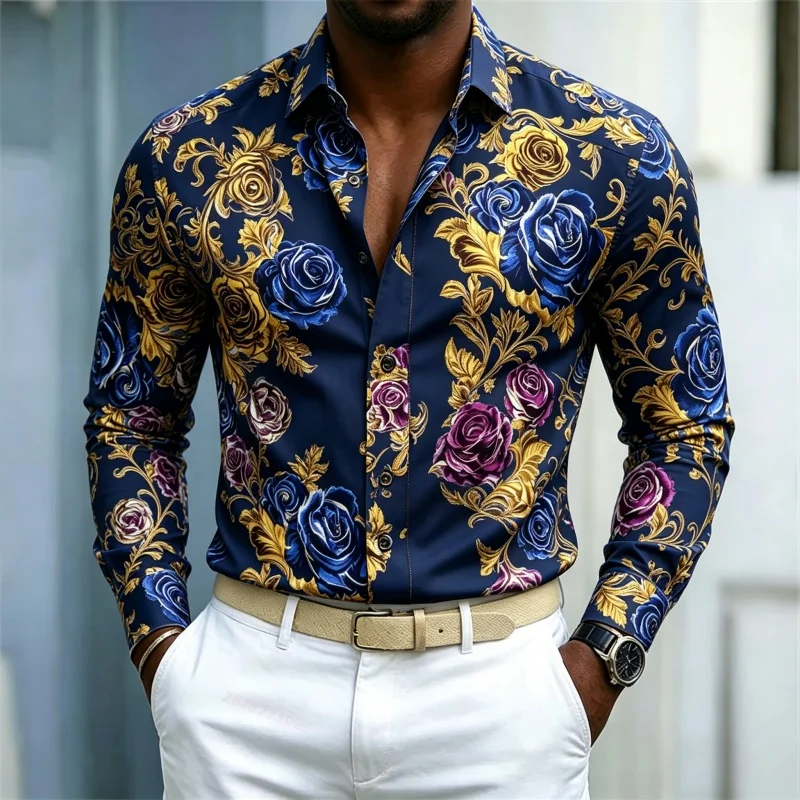 Men's Shirt Long Sleeve Spring Autumn Multi‑Colored Rose Floral Ornate Vine Print Lapel Button‑Up Street Business Mens Clothing