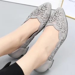 2021 Summer Fashion Hollow Out Genuine Leather Pumps Women Shoes Med Heels Square Heel Mesh Ladies Office Shoes Crystal