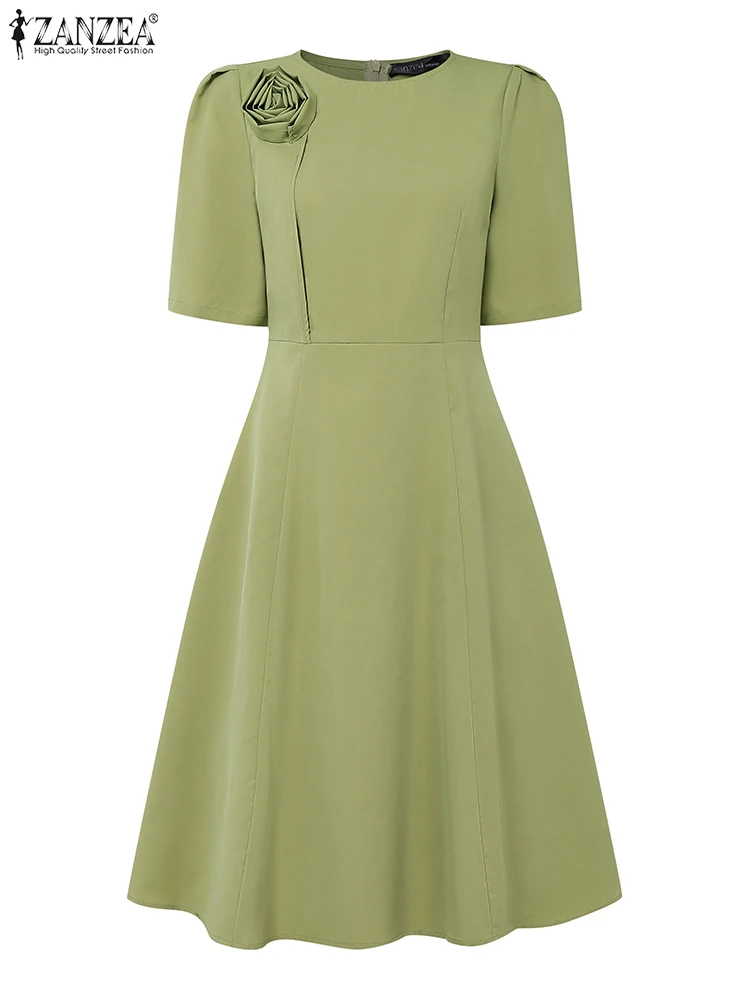 ZANZEA Women Elegant Fabric Flower Midi Dresses Fashion O-Neck Half Sleeve Fitted Waist A-Line Robes Femme Office Lady Vestidos