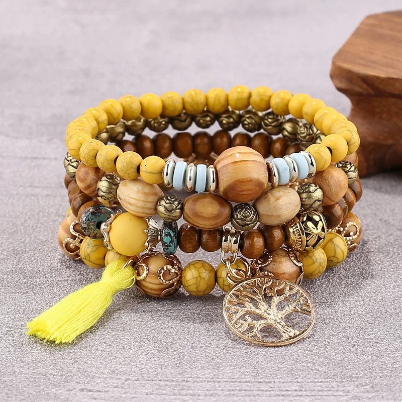 4pcs Bohemia Tree of Life Charm Beaded Bracelet Set for Women Ethnic Style Handmade Wood Beads Chain Bangle Female Tribe Jewelry