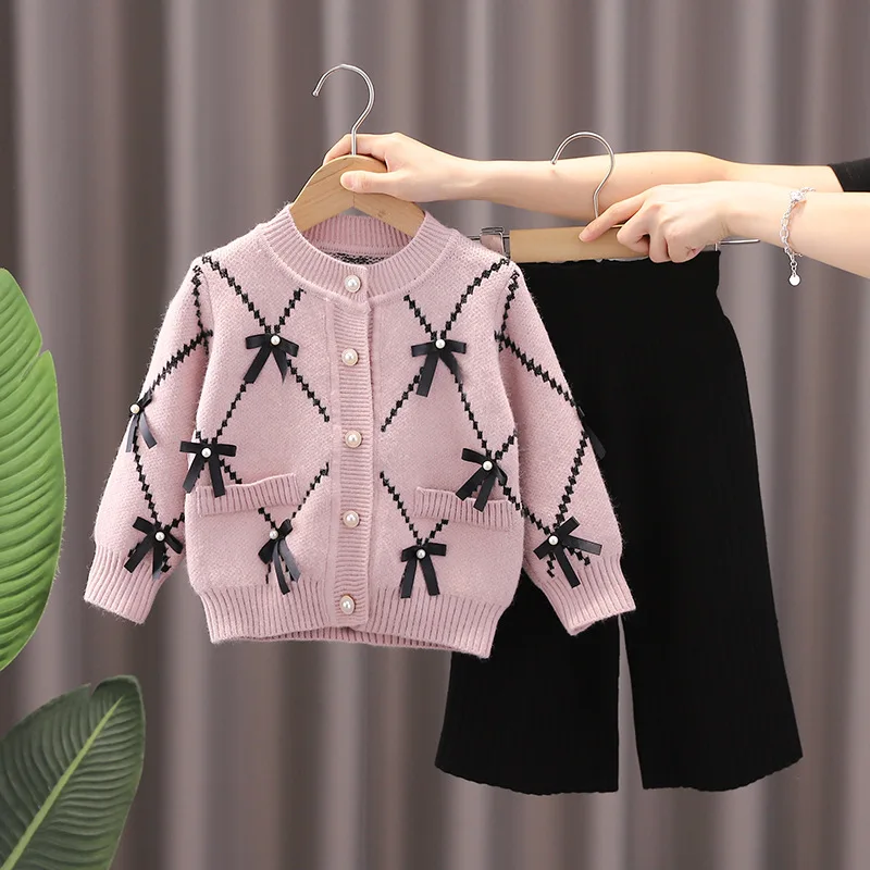 Girls Sweater Suit 2023 Autumn and Winter New Bow Cardigan Top Knitted Two-Piece Korean Style 3 Wide Leg Pants 2