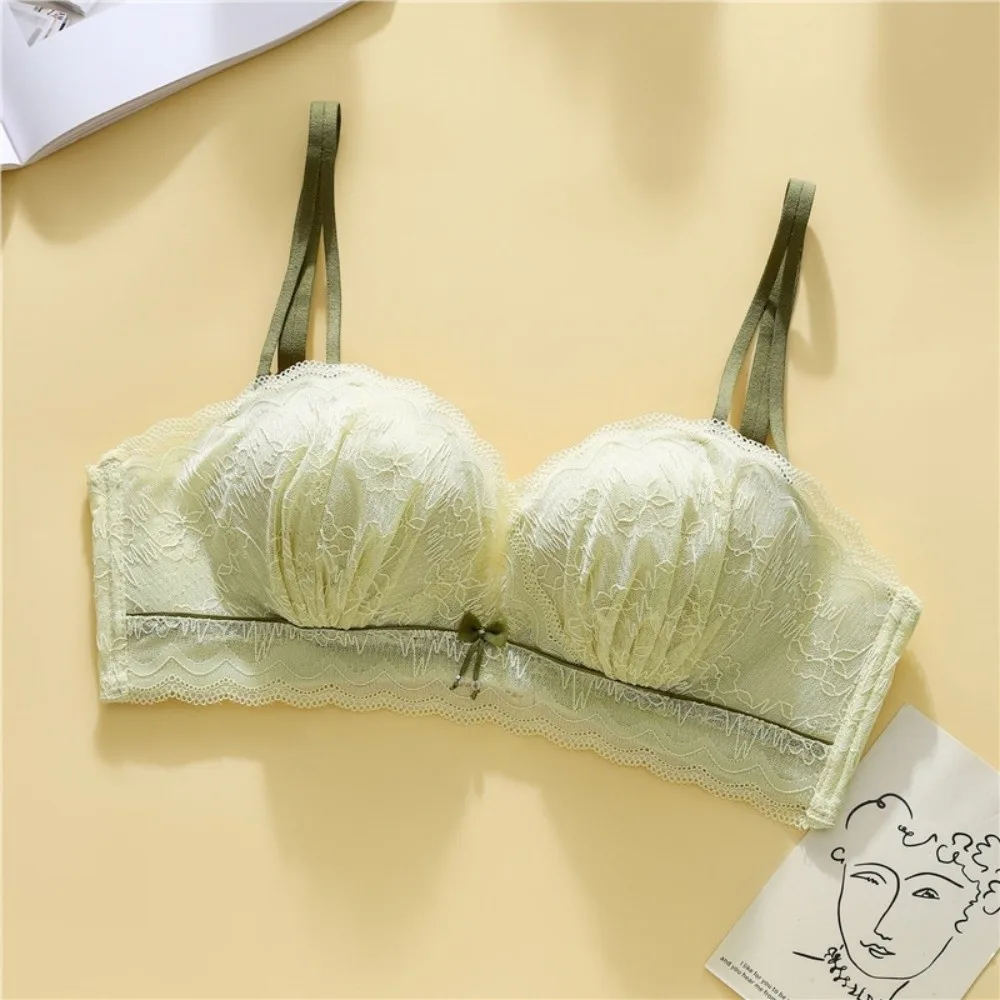 

Soft Adjustable Lace Bow Lace Wireless Bra Deep V Bra Gathered Breasts Push Up Underwear Shockproof Lingerie Seamless Bras Girls