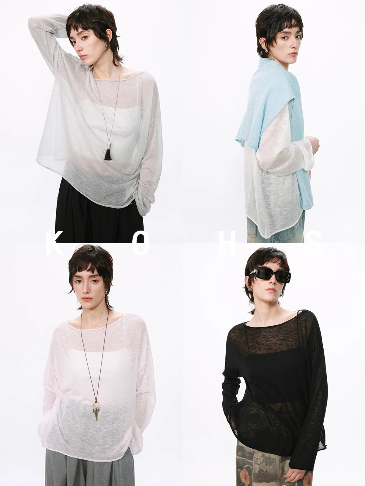 

KOHS Transparent Ultra Fine Lyocell Linen Loose Long Sve T-irt Cover up Casual Sle One oulder Knitted Women's Top