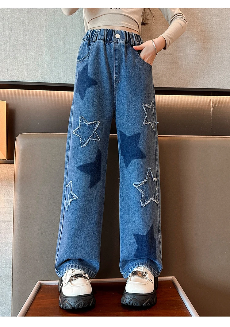 Stylische Streetwear-Jeans für Kinder mit geradem Schnitt und Sternen, modische Kleidung, Hip-Hop-Retro-Jeanshosen für Mädchen, luxuriöse Kinderhosen – Detail 8
