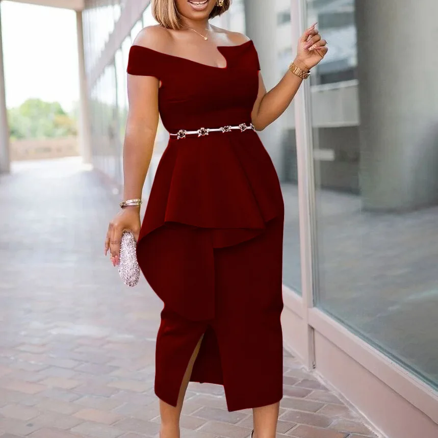 D2142026 Summer Short-Sleeve Bodycon Solid Color Slit OL Off-Shoulder Dress
