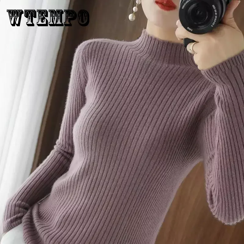 

WTEMPO Women's Long Sleeve Half High Neck Sweater Slim Solid Jumper Pullover Knitting Tops Winter Fall Knitted Bottoming Shirts