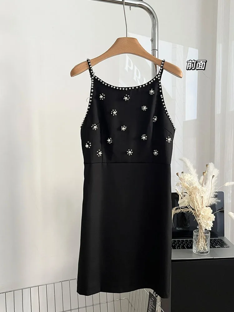 Vestido de tirantes finos con diseño de flores y diamantes para mujer, vestido negro de lujo, cuello redondo, línea A delgada, vestidos de una pieza, moda japonesa, nuevo, Verano