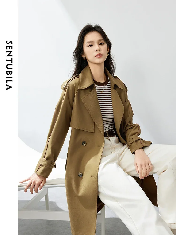 SENTUBILA Double-breasted Belted Trench Coats Women 2025 Spring Autumn England Style Commute Mid-length Loose Coat 151F80080X