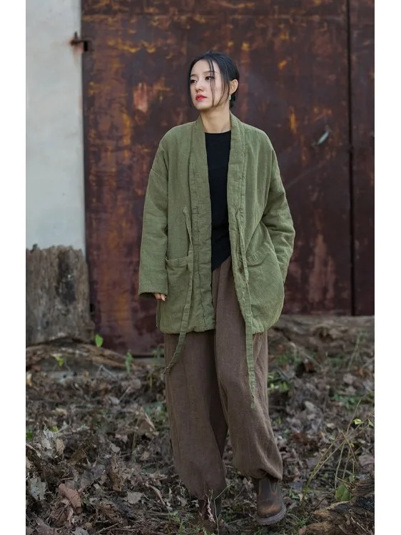 

Thiened Cotton Jaet Women's New Vintage Zen Sle Mid-Length Flax Cotton Blend Coat Long Sve V-Ne Pure Color Busines...