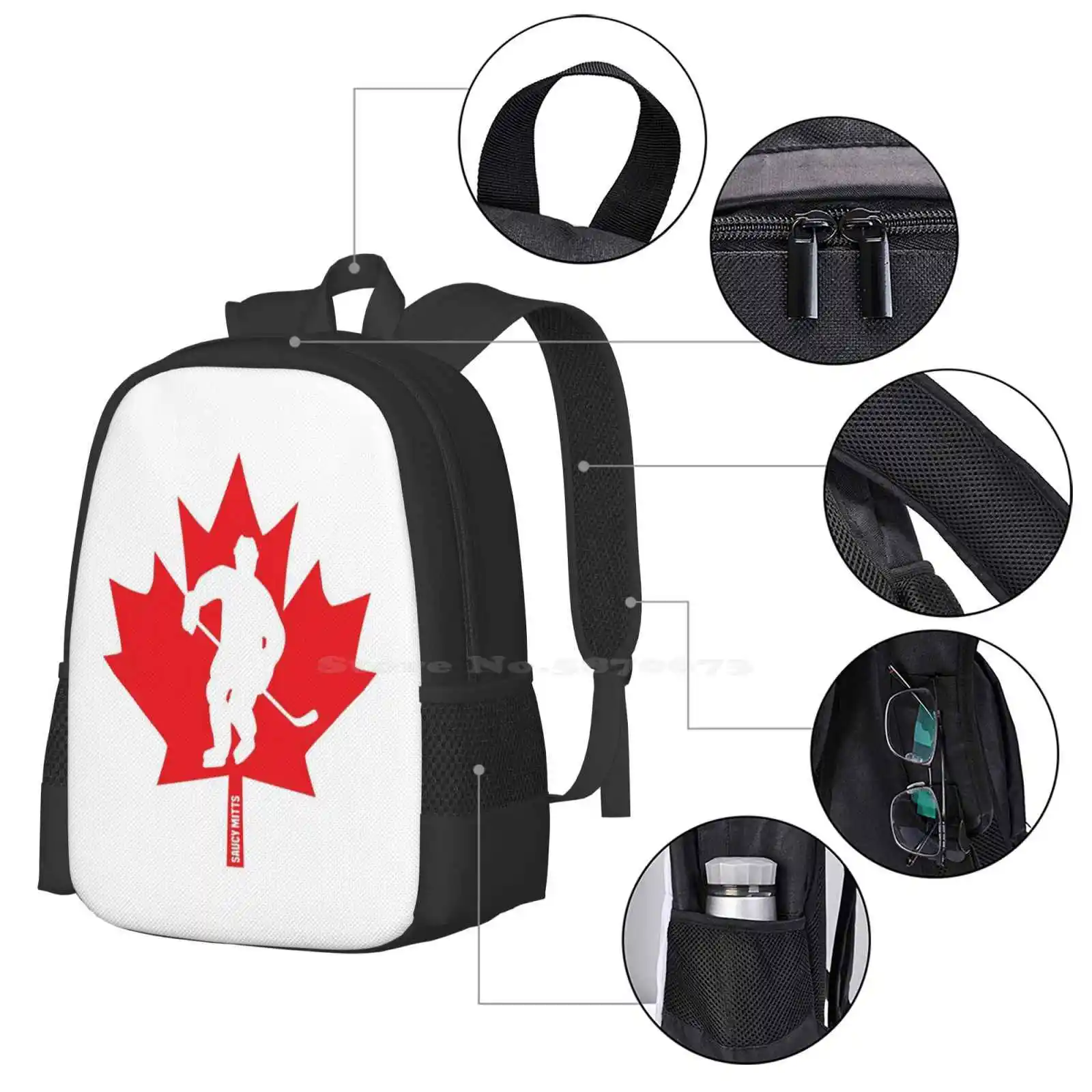 Mochilas escolares de hoja de arce para jugador, mochila para portátil de viaje, Hockey sobre hielo, manoplas de platillo de hoja de arce, jugador canadiense