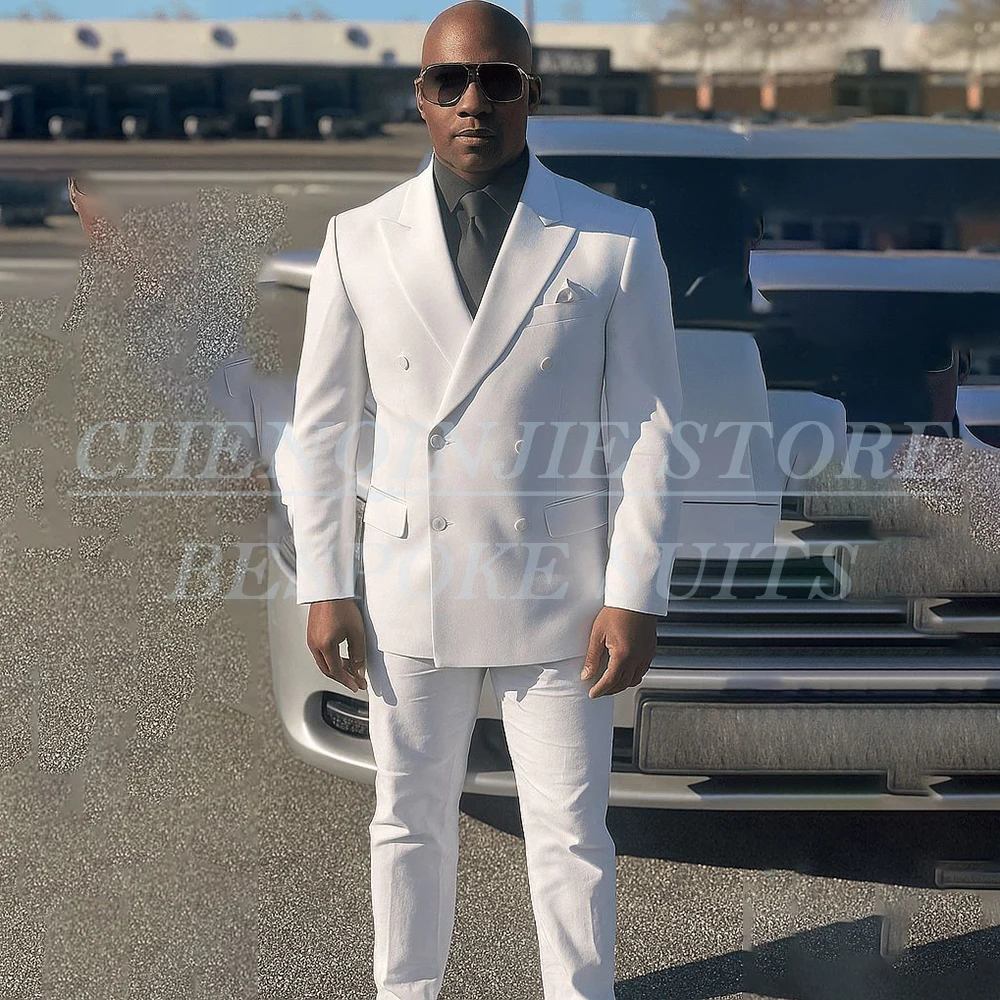 

Customzied White Men's Suits Fashion Double Breasted Peak Lapel Slim Fit 2 Piece Jacket Pants Outfits High Quality Male Clothing