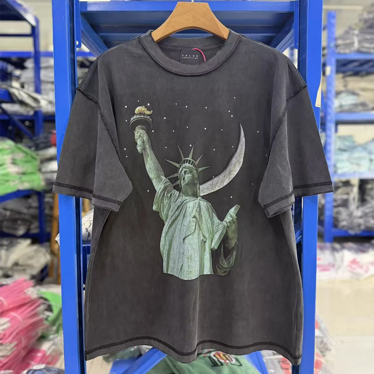 Diamond Statue of Liberty Starry Sky Graffiti Washed Short Sleeve T-shirt Men Women High Quality Tee T Shirt