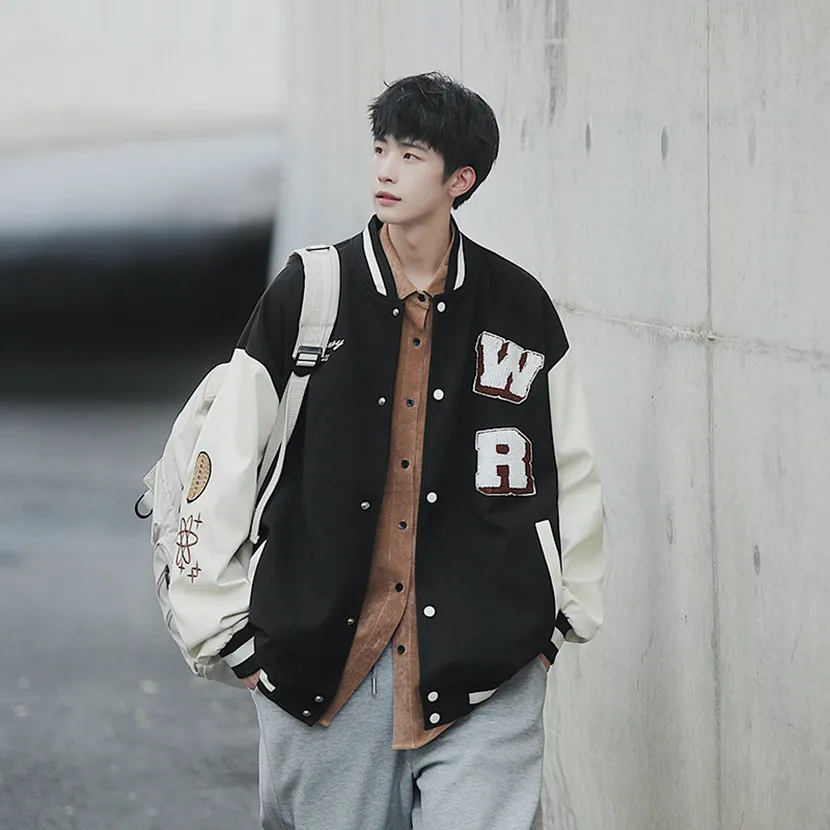 

Youth Baseball Style Men's Jacket Spring Autumn Fashion Pilot Coat American Casual Sport Top Windproof Long Sleeve Button Decor