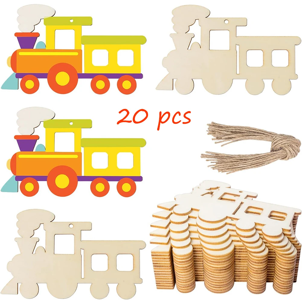 20 Pack Unfinished Wooden Train Cutouts DIY Craft Gift Hanging Tags for Home Party Festival Holidays Wall Room Decoration