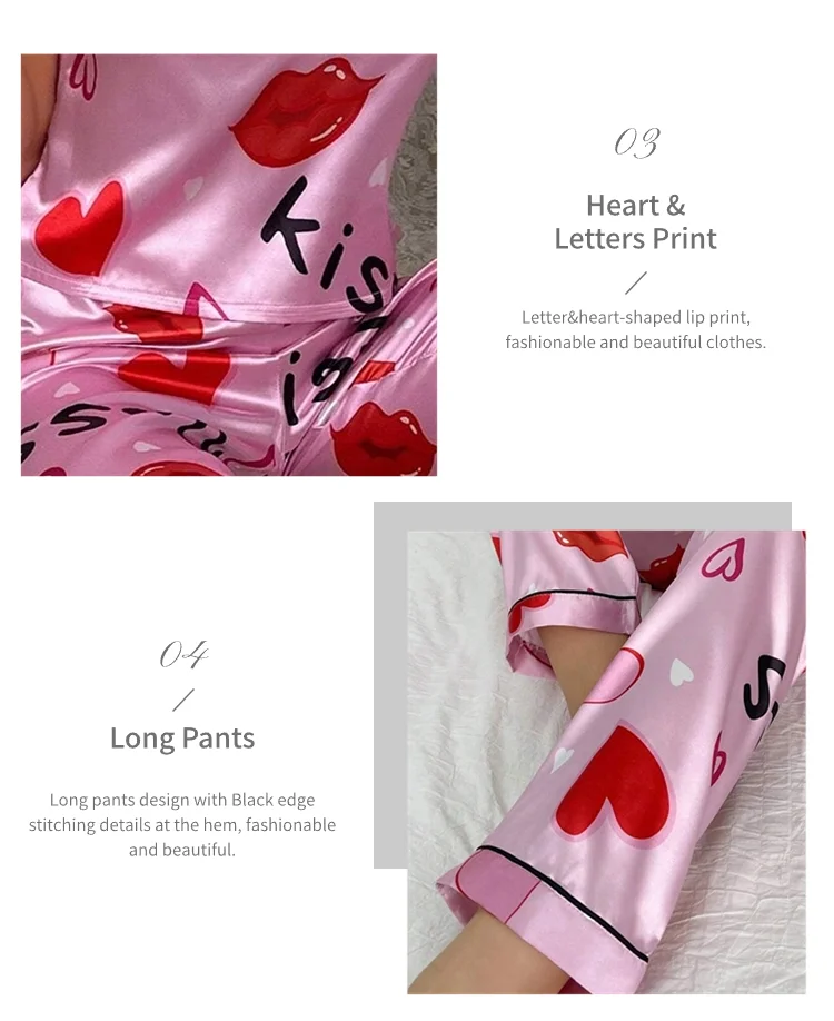 Damen-Pyjama-Sets aus Satin mit Blumenmuster, Spaghettiträger-Oberteilen und langen Hosen, Nachtwäsche, 2-teilig, ärmellos, Heimkleidung, Loungewear – Detail 11