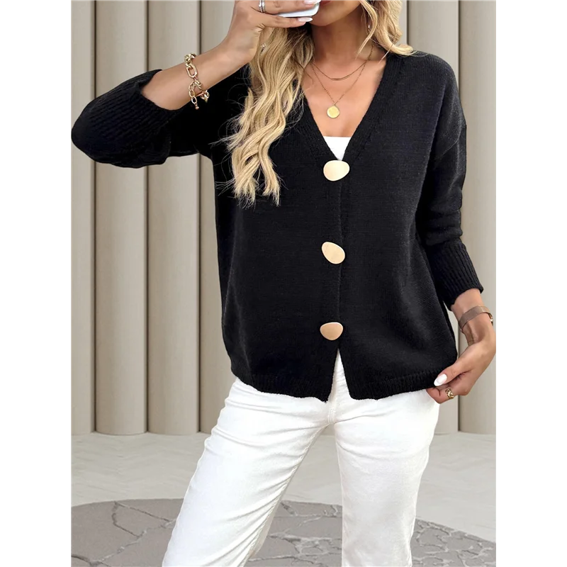 AAAF سترة البلوزات للنساء العصرية الخريف طويلة الأكمام الخامس الرقبة زر أسفل المتضخم مكتنزة متماسكة سترة ملابس خارجية