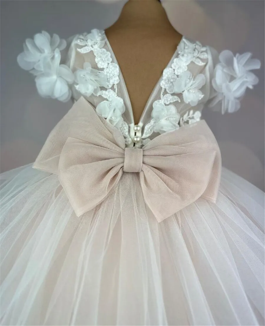 Vestido de flores blanco marfil con manga de casquillo para niña, vestido de tul de encaje Floral para bautizo, vestido de cumpleaños para niño pequeño, vestido de fiesta de graduación