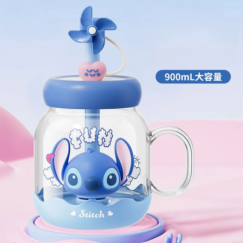 

900ML Mickey Stitch Big Belly Glass Large Capacity Straw Water Cup Boys & Girls Portable Drinking Cup Gift With Gift Box.