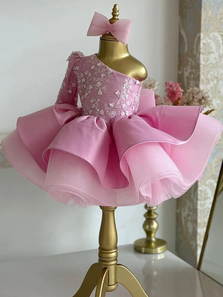 

European American flower girl pink princess tutu dress single shoulder sleeve embroidered wedding ball communion mesh dress