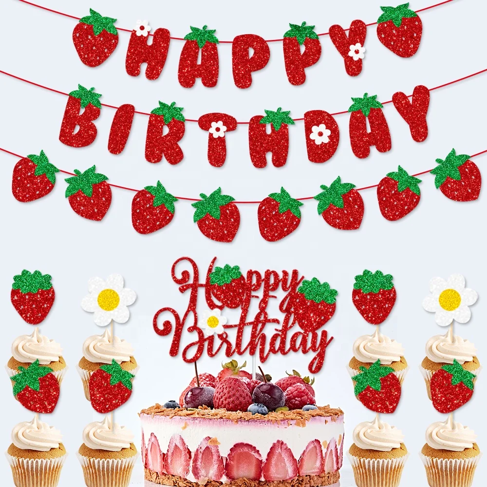 

Strawberry Banner Birthday Party Decorations Happy Birthday Banner For Sweet Fruits Themed Party Supplies Strawberry Paper Card